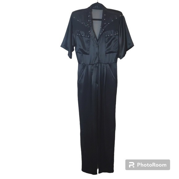 Vintage 80's black satin with studs V-neck Romper jumpsuit. - Picture 1 of 8